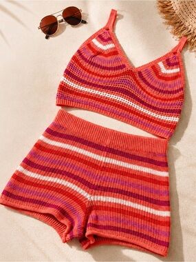 No Comment Coral Orange Crochet Knit Striped Bralette & Shorts Set NWT